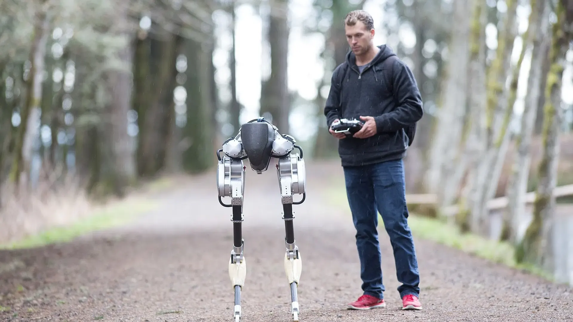 Mikhail Jones holds a remote control beside the two-legged Cassie robot on a gravel path in Oregon State University's research forest in 2017