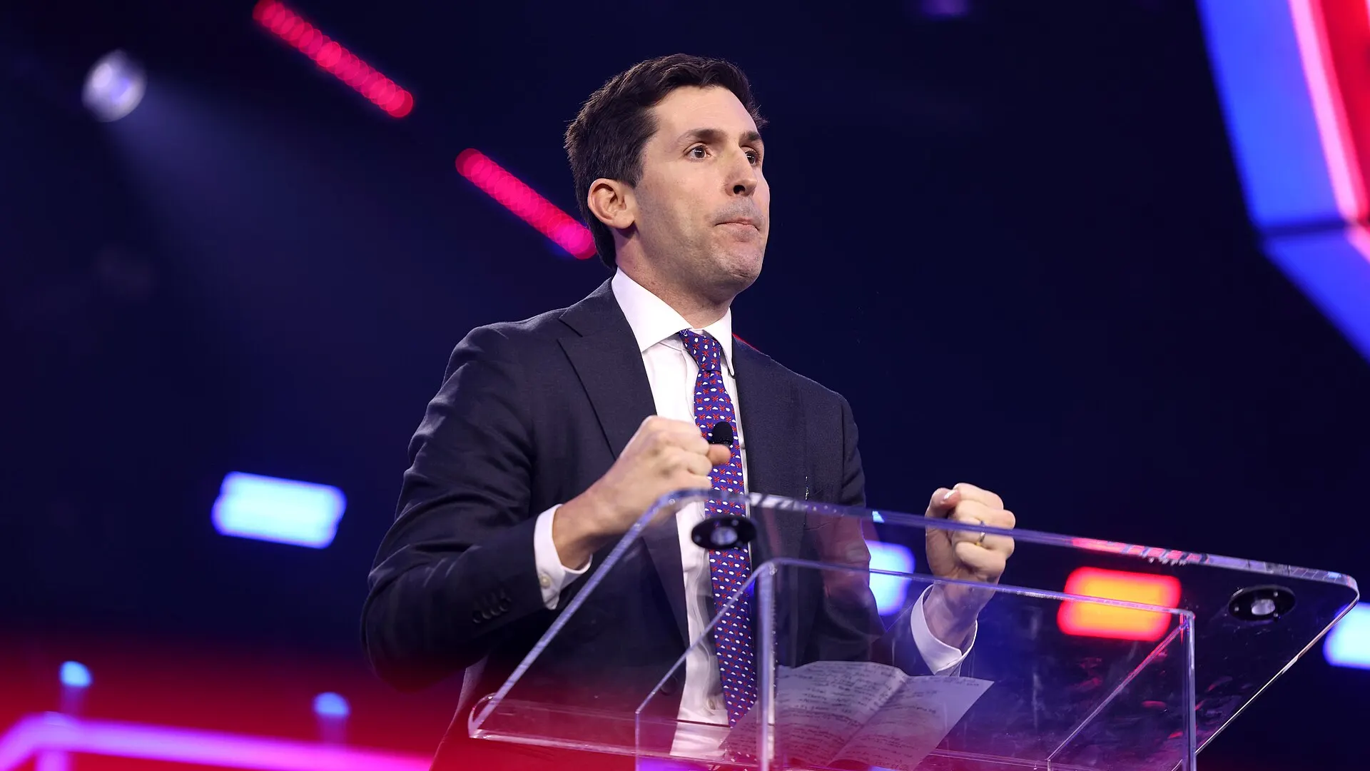 Calley Means speaking with attendees at the 2024 AmericaFest conference at the Phoenix Convention Center in Phoenix, Arizona