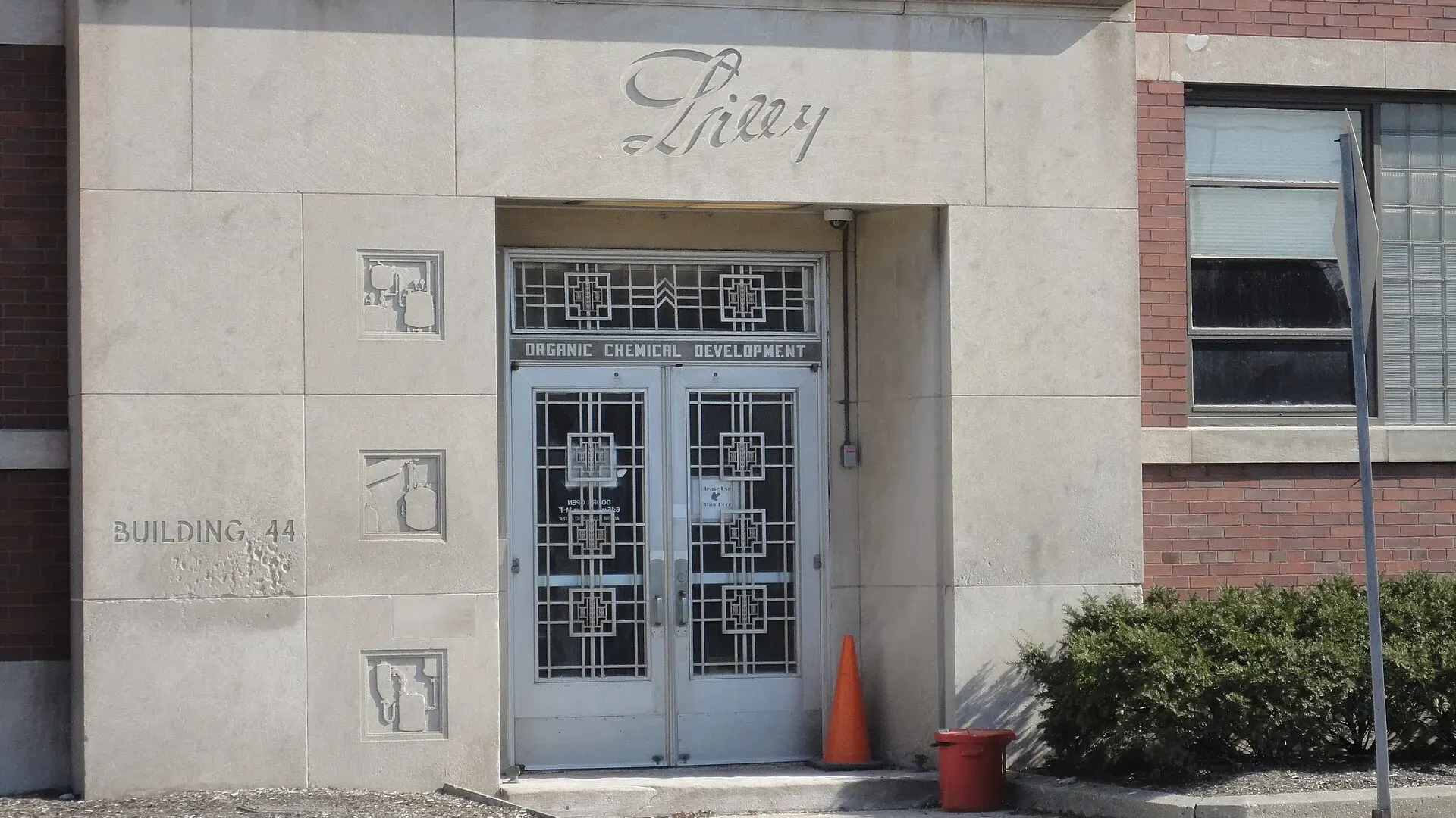 Exterior of Eli Lilly and Company's corporate headquarters building in Indianapolis, Indiana, seen from the street on a clear day
