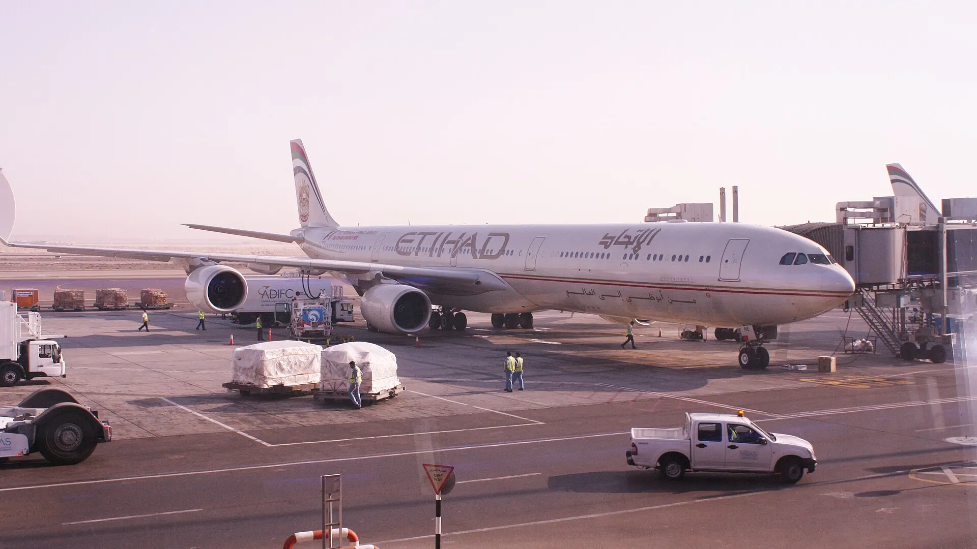 An Etihad Airways passenger jet on the ground at Abu Dhabi airport before a flight to Toronto