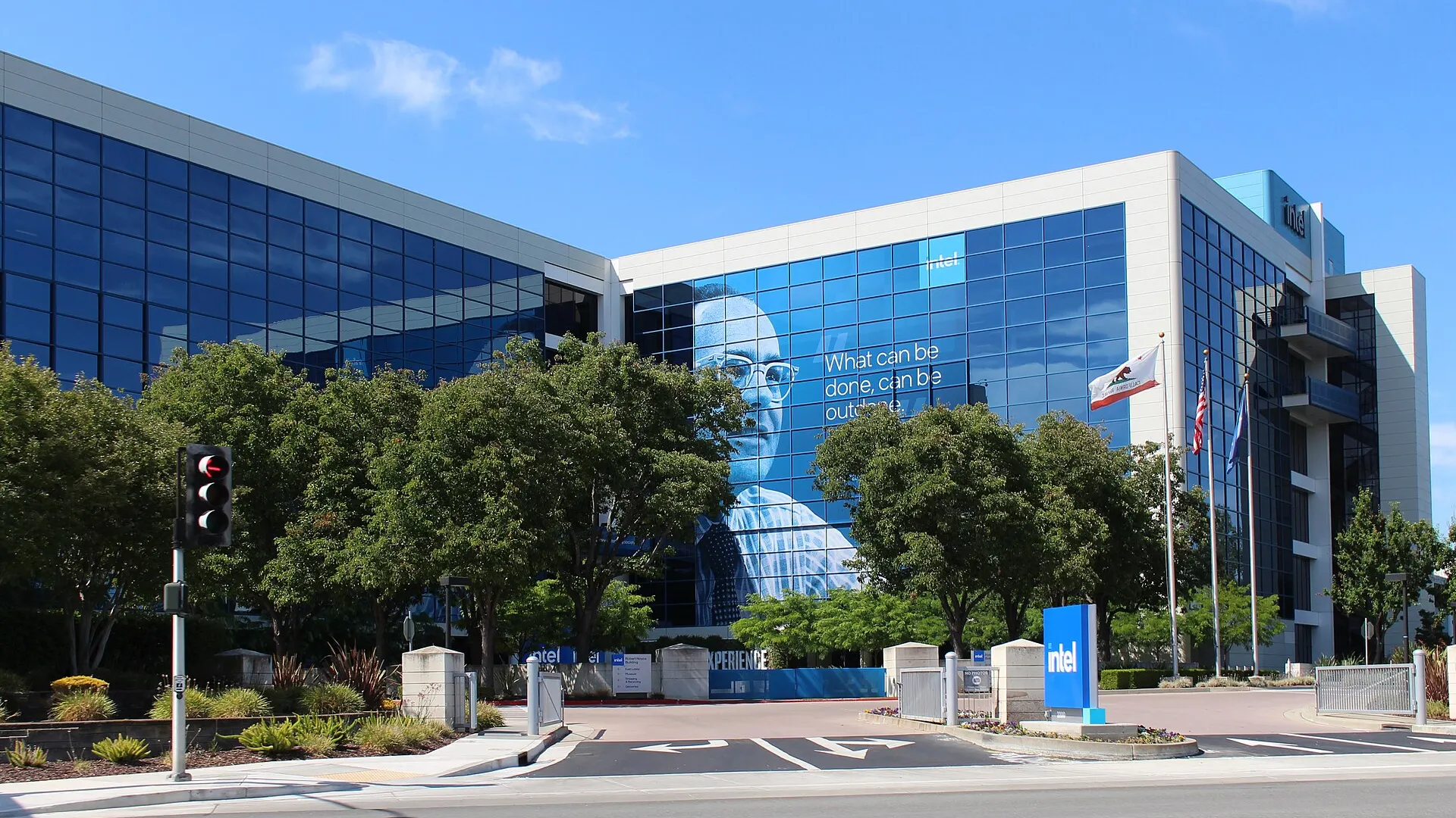 The Intel headquarters building on Mission College Boulevard in Santa Clara, California, photographed from the street in 2023
