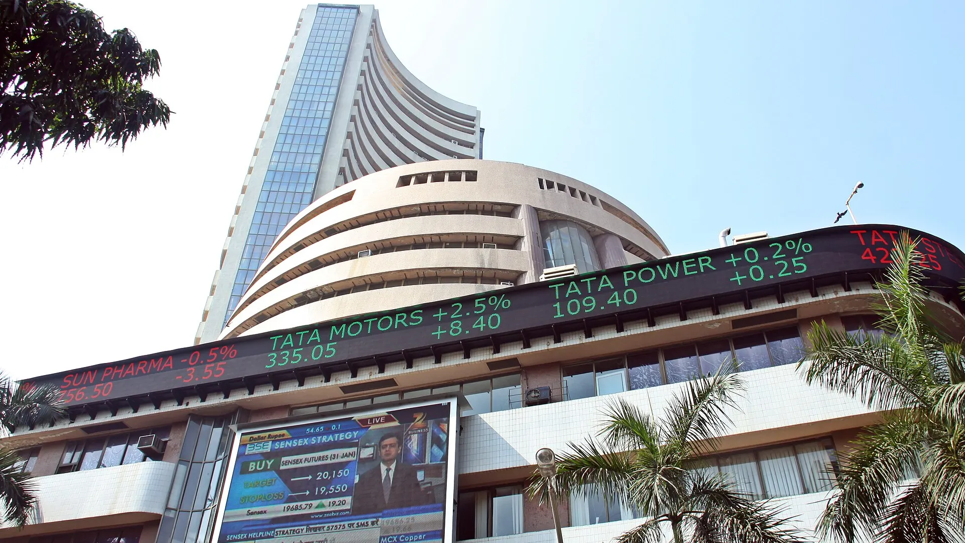 The tall Phiroze Jeejeebhoy Towers, home of the BSE stock exchange, rising above Dalal Street in south Mumbai
