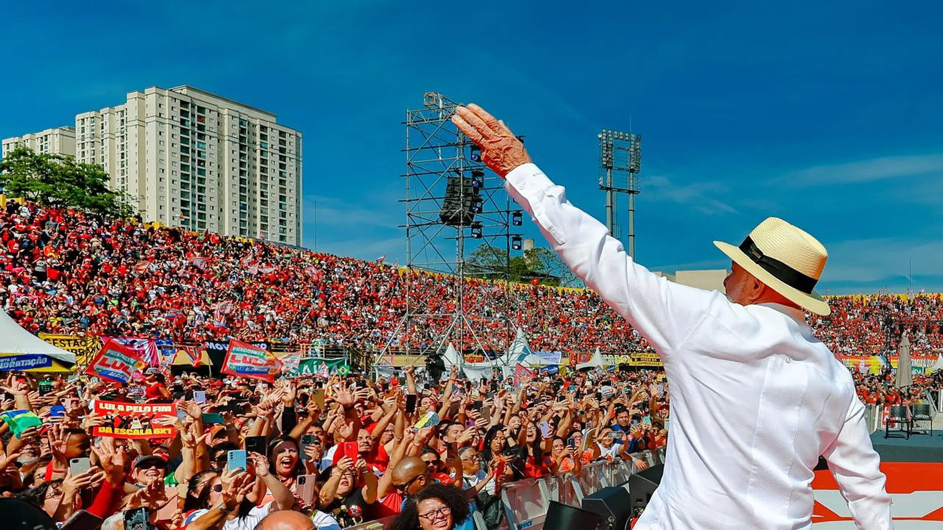 Luiz Inacio Lula da Silva speaks on stage at the official launch of his 2026 presidential campaign in Sao Bernardo do Campo, Brazil, in August.
