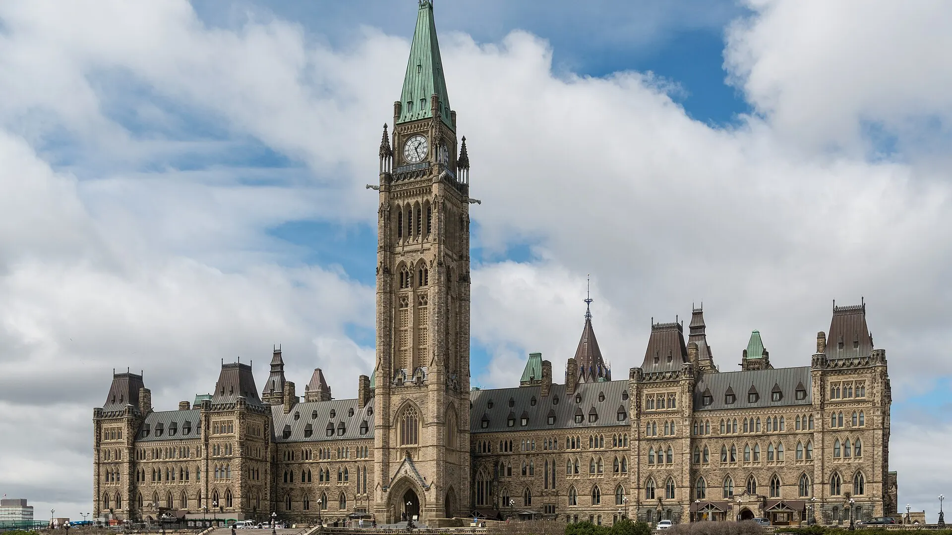 The Centre Block of Canada's Parliament on Parliament Hill in Ottawa, seen from the south-east under a clear sky